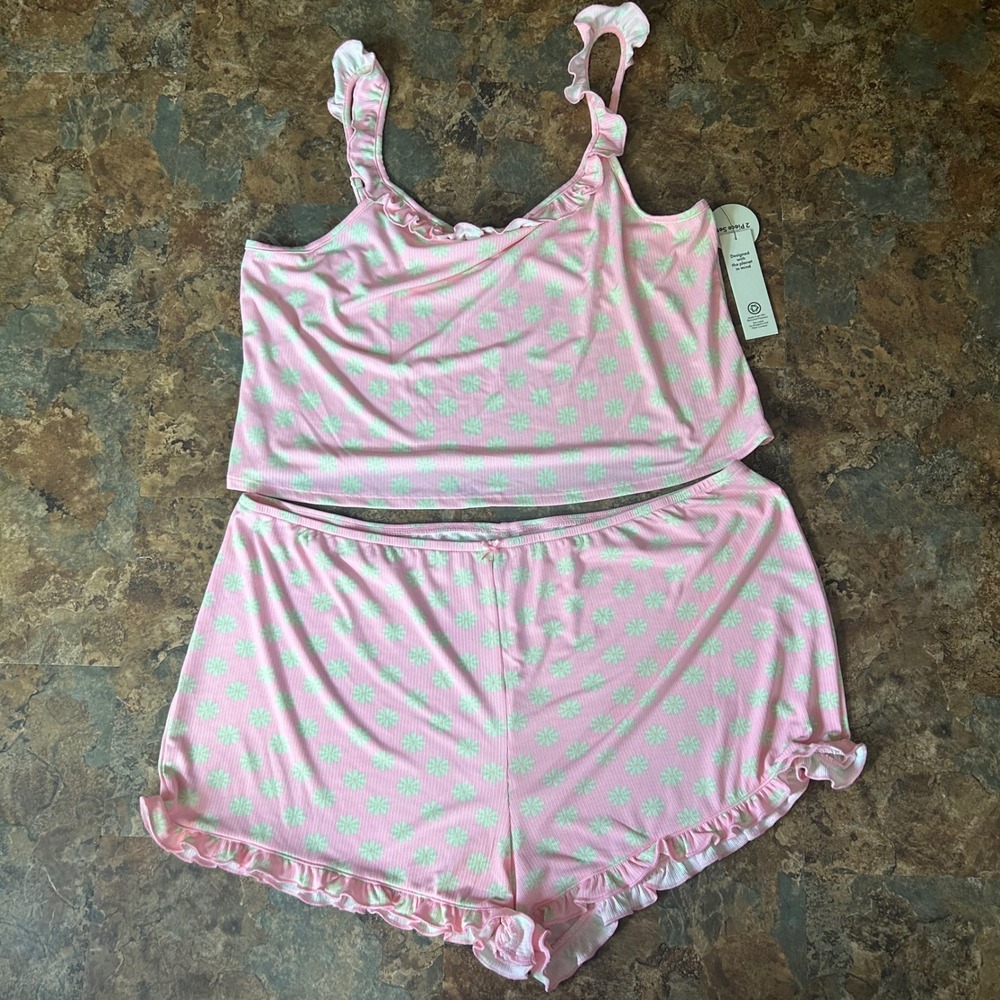 No Boundaries Ruffle Tank Short Pajama Set Womens Size XXL (20) Pink Floral Pjs